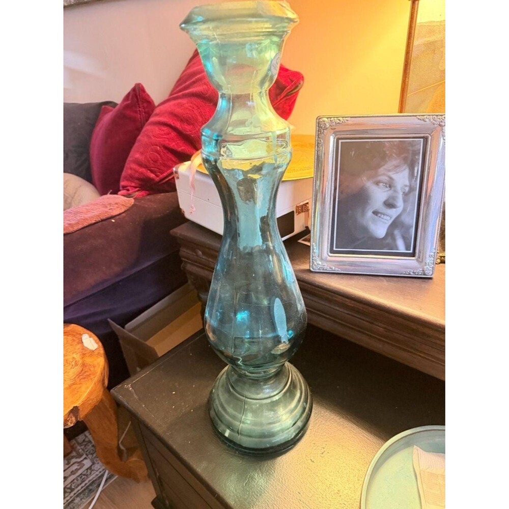 Teal San Miguel Glass Hand Blown Candlestick Holder 100% Recycled Glass